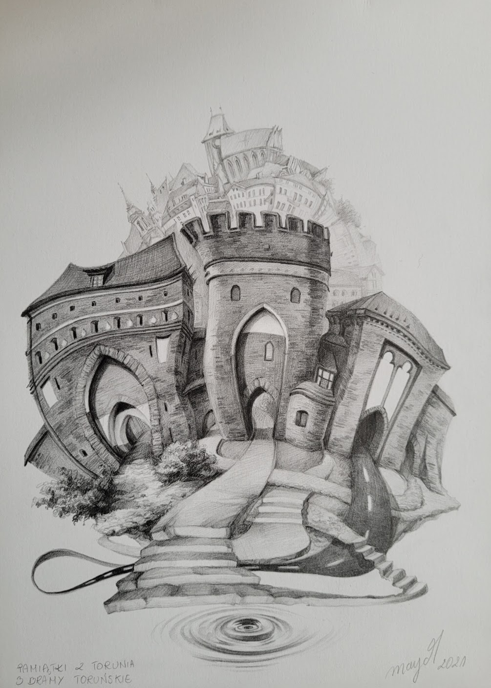 Szkic ołówkami do obrazu Mai Wolf pt. Pocztówki z Torunia. Na szkicu tytułowy Toruń Architektura miasta, stare kamienice ożywają w surrealu