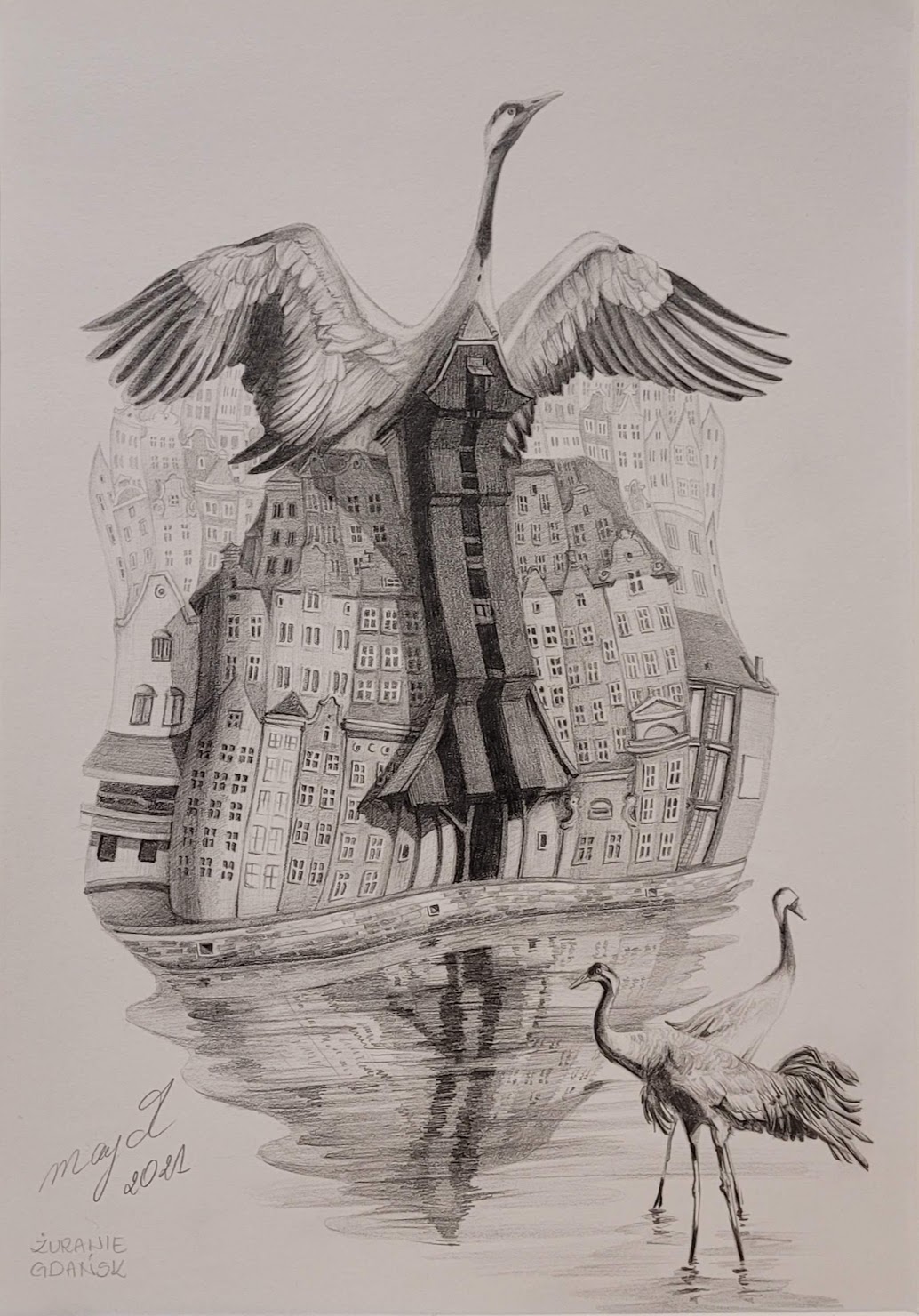 Zdjęcie rysunku ołówkami na papierze autorstwa Mai Wolf przedstawia szkic Gdańska nad Motławą z ujęciem na gdański żuraw. Rysunek jest surrealistyczny i architektura żurawia przeistacza się w żurawia ptaka zrywającego się do lotu z rozpostartymi skrzydłami. Na pierwszym planie w wodzie inne żurawie ptaki.