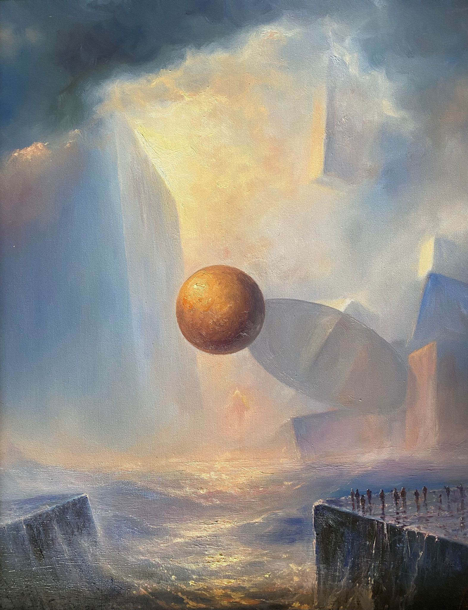 obraz Mariusza Lewandowskiego Grawitacja przedstawienie abstrakcyjnego pejzaży z trójwymiarową kulą