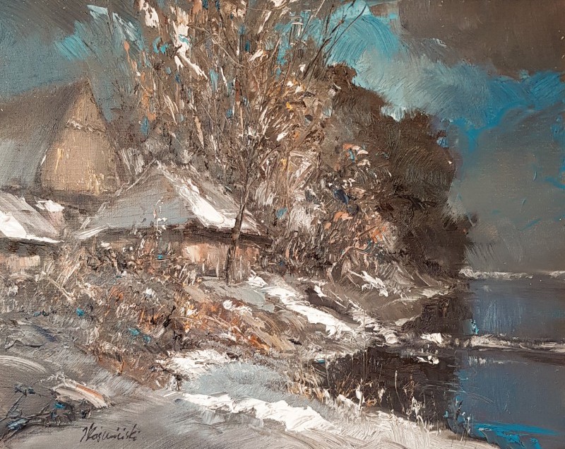 obraz olejny przedstawiający chatę zimą. Dominuje błękit. obraz namalowały został przez Mietka Dyzmę ( Jacka Kosmińskiego)