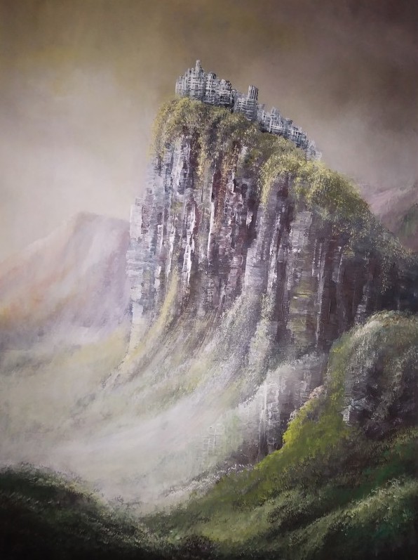 obraz Andrzeja Fronczaka z fantastycznym pejzażem z górami