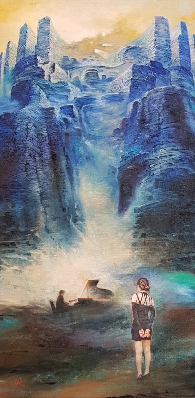 Na zdjęciu jest obraz Włodziemierza Kuklińskiego z postacią w surrealistycznym, górskim pejzażu.