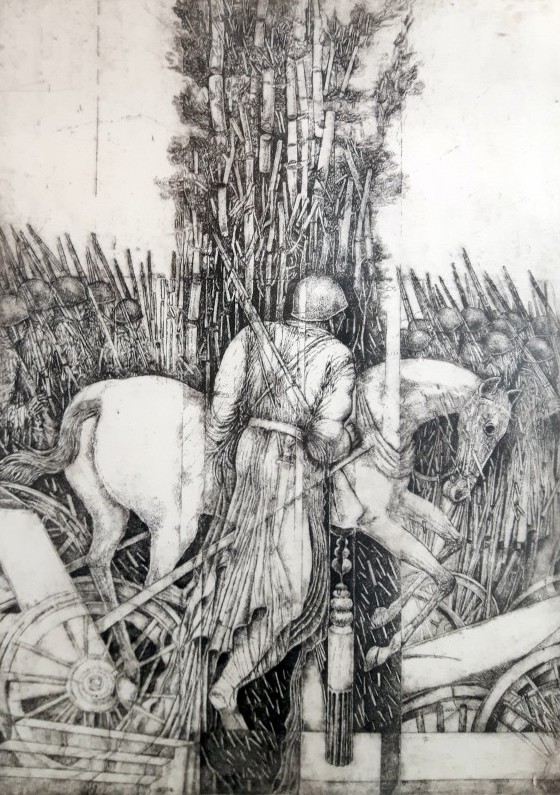 obraz przedstawia grafikę Ryszarda Stryjca Armia Poznań z postaciami maszerujących żołnierzy i koniem