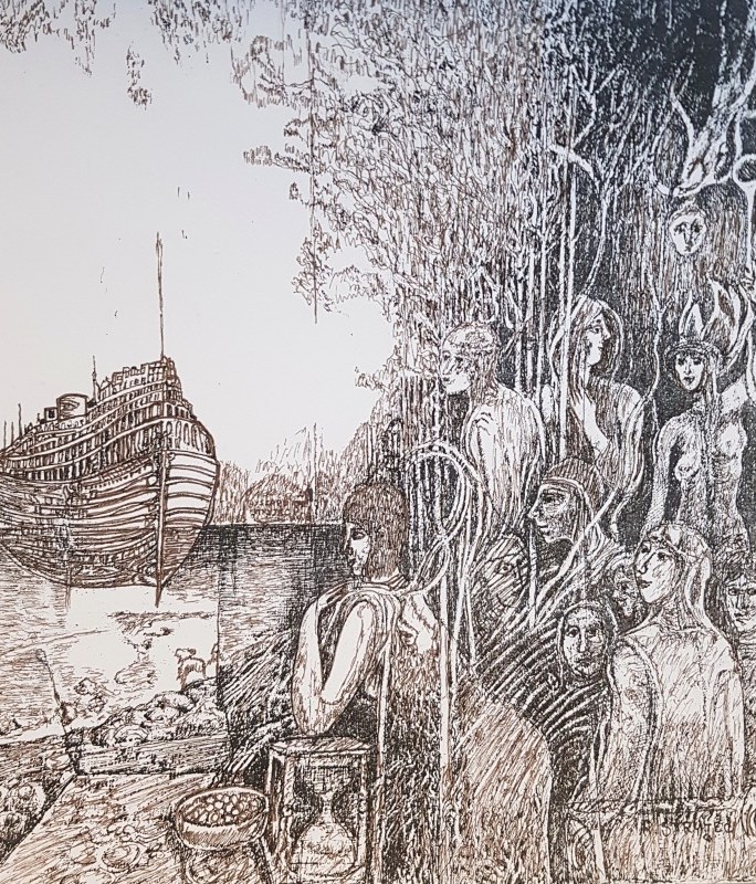 grafika Ryszarda Stryjca przedstawia nimfy, kobiety na pierwszym planie i odpływającą łódź na wodzie