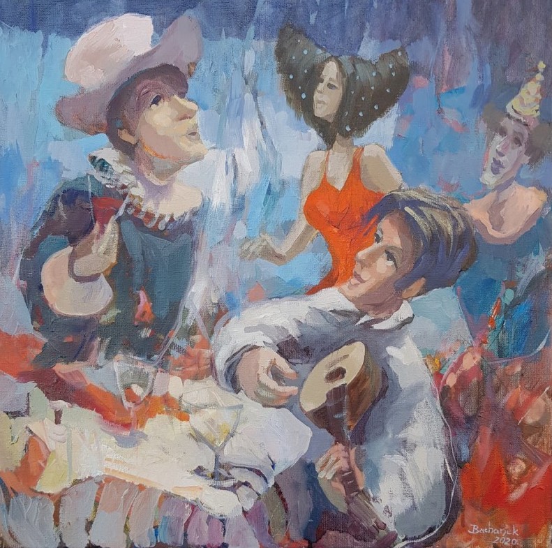 zdjęcie przedstawia kolorowy obraz Tomasza Bachanka z trzeba bawiącymi się postaciami wznoszącymi toast
